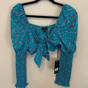 Floral Teal Women's Blouse with Puff Sleeves